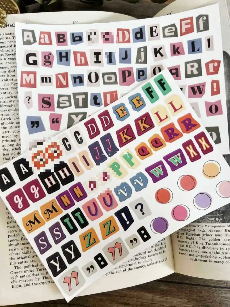 English letters and numbers symbol label stickers set showing alphabet collections and week words for organisation
