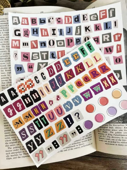 English letters and numbers symbol label stickers set showing alphabet collections and week words for organisation