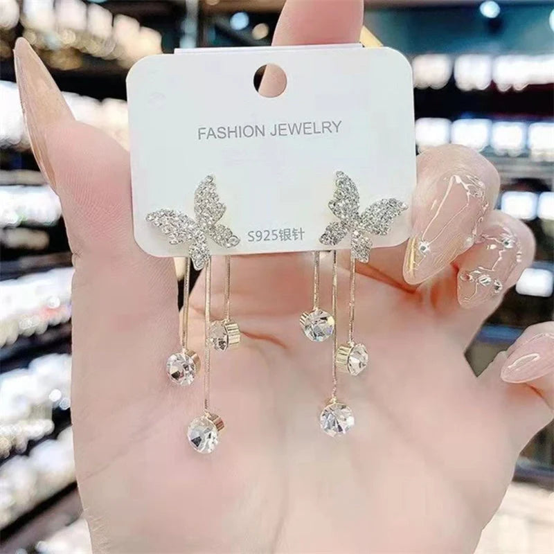 Butterfly Rhinestone Drop Dangle Earrings with Pearl Tassel Chain - Elegant Party Jewellery