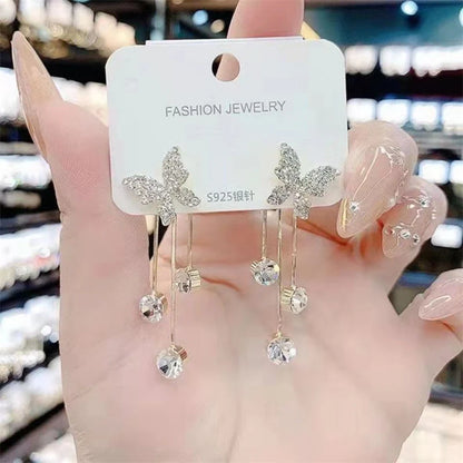 Butterfly Rhinestone Drop Dangle Earrings with Pearl Tassel Chain - Elegant Party Jewellery