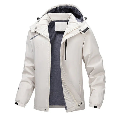 Plus size men's hooded waterproof coat in polyester, shown in army green colour.
