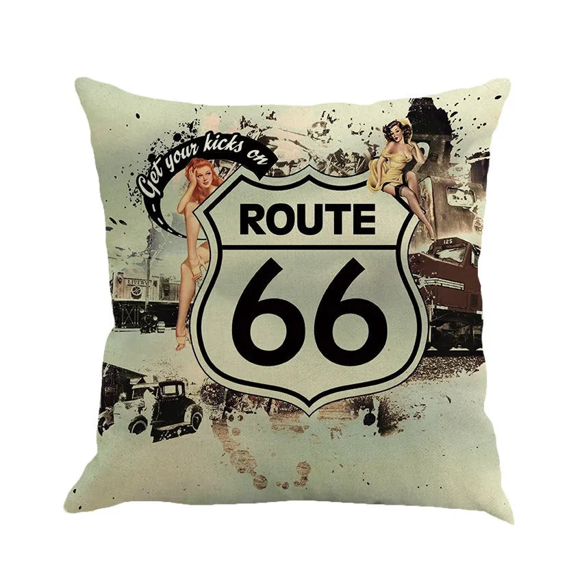 Linen cushion cover with Route 66 landscape pattern in six colour choices, 45 cm square
