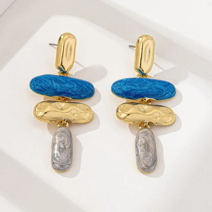 Geometric zinc alloy stud earrings with electroplated multicolour finish for women