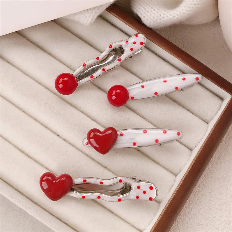 Barrettes hair clip red stereo love heart shaped French retro dots design willow leaf clip manual processing mixed materials Korean style accessory