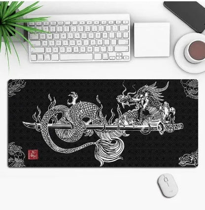 Anime-themed large black gaming mouse pad with custom graphic on a non-slip rubber cloth base.