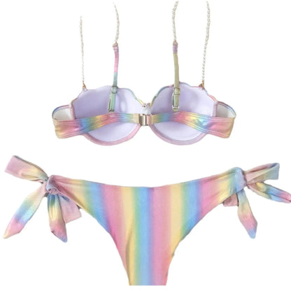Women's shell rainbow bikini swimsuit with tied front design in polyester fabric for swimming
