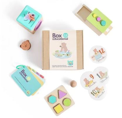 Wooden Montessori rattle toy with black and white cards, ball chime, and colour box for children aged 4-6 years