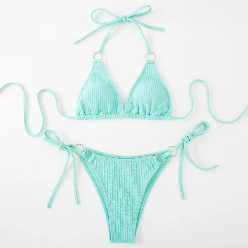 Women's bandage style bikini set with side tie thong in various colours