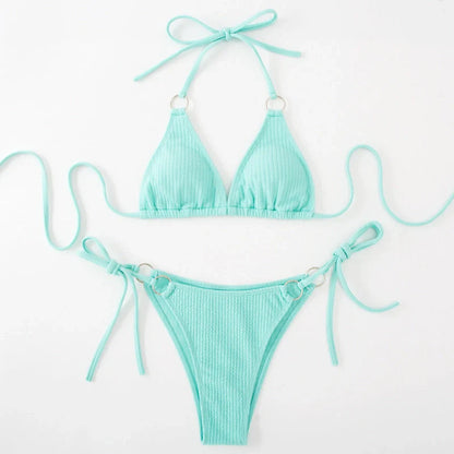 Women's bandage style bikini set with side tie thong in various colours