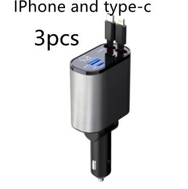 High-Speed 100W Car Charger with USB and Type-C Ports - Premium Metal Design, Fast Charging, Retractable Cable