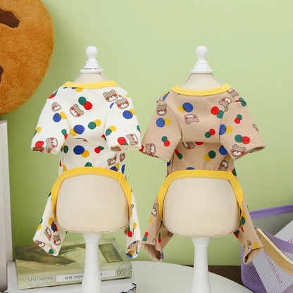 Beige dog clothing with colourful ball bear design, made from cotton and spandex blend, size L shown.