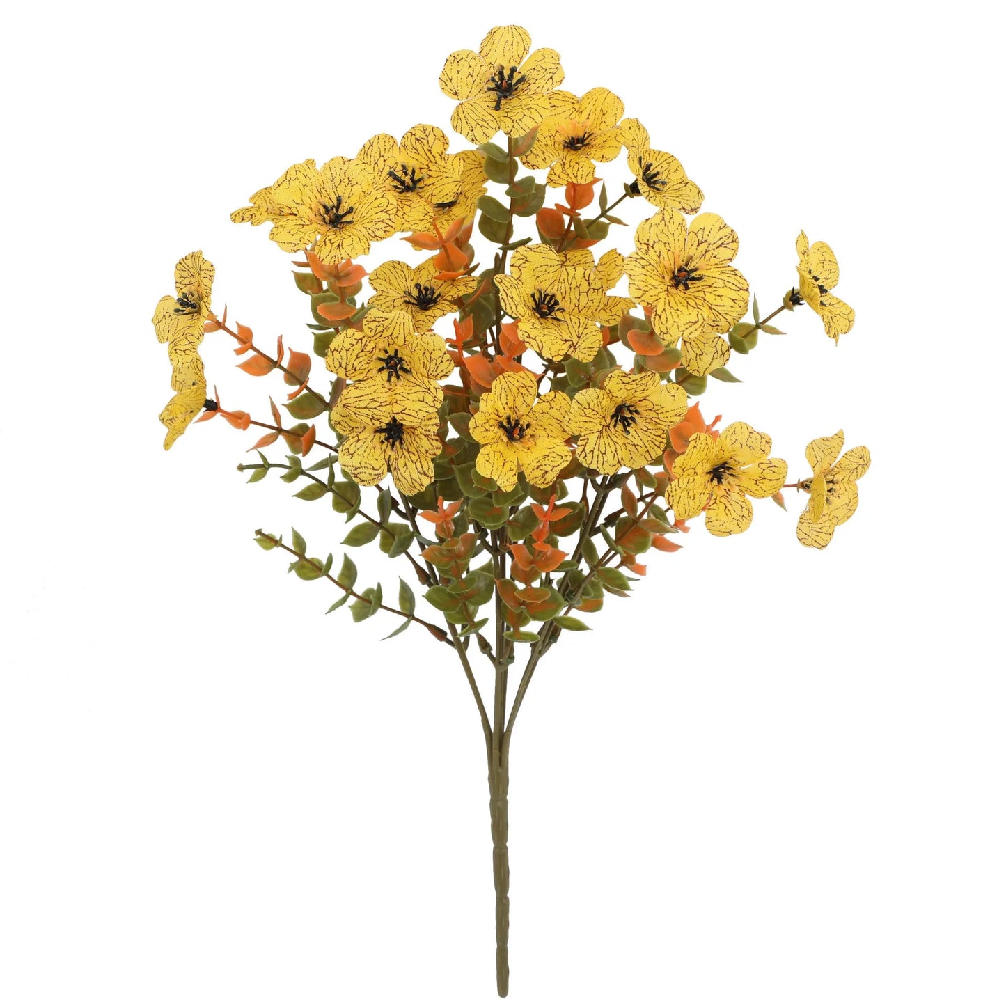 Artificial flower bouquet in autumn colours of red, yellow, and orange made from plastic and silk.