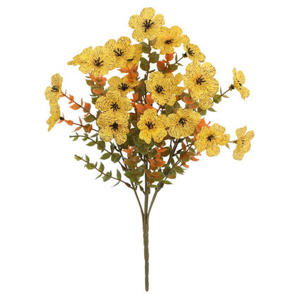 Artificial flower bouquet in autumn colours of red, yellow, and orange made from plastic and silk.