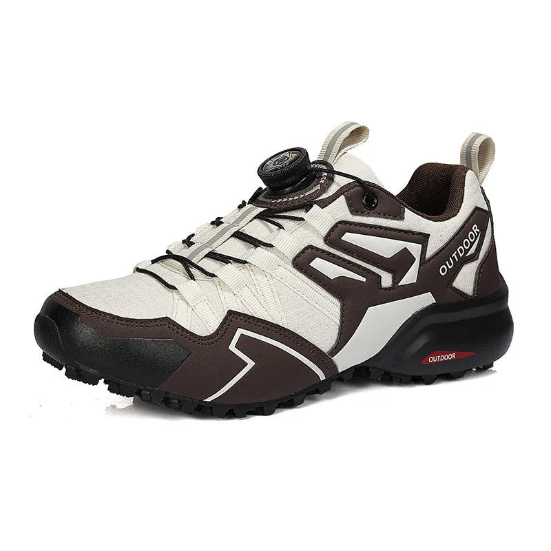 Men's outdoor hiking shoes featuring lightweight breathable construction with elastic band fastening and durable rubber outsole, suitable for off-road walking, sports, and riding activities in black, black red, or beige colour options
