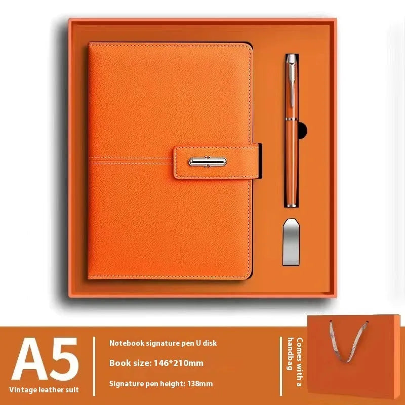 A5 notebook with imitation leather cover in colour options including black, red, green, blue, and orange.