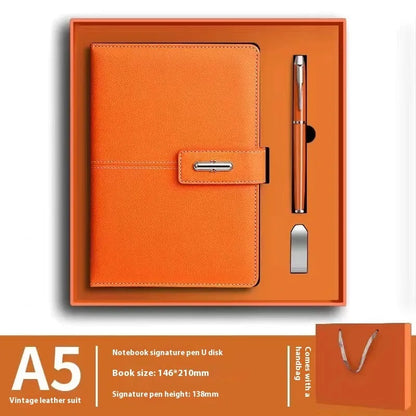 A5 notebook with imitation leather cover in colour options including black, red, green, blue, and orange.