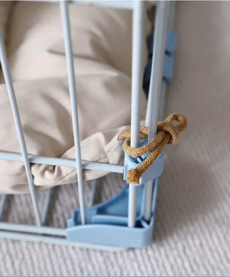 Beige cage cushion for dogs tied inside a metal crate, shown next to coffee and orange colour options.