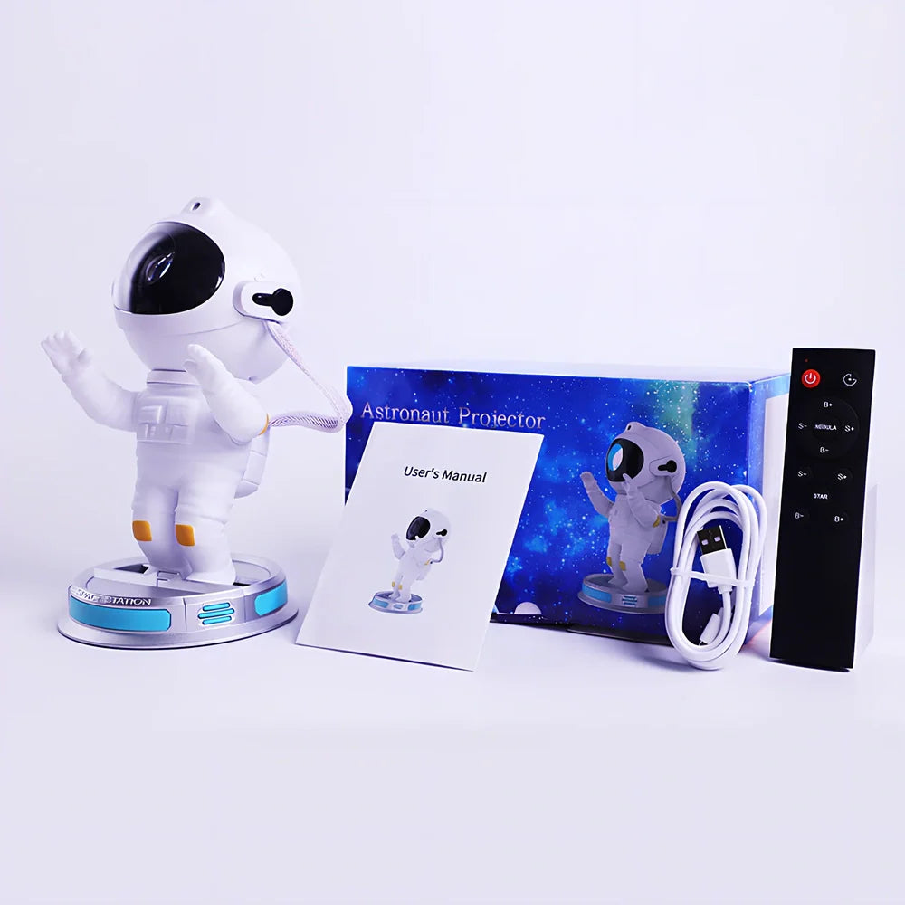White enamel astronaut starlight projection lamp on base, projecting northern lights and stars, size 22.5 x 12.5 x 12.5cm, USB powered