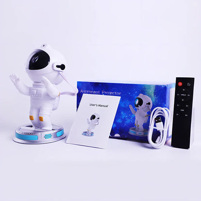 White enamel astronaut starlight projection lamp on base, projecting northern lights and stars, size 22.5 x 12.5 x 12.5cm, USB powered