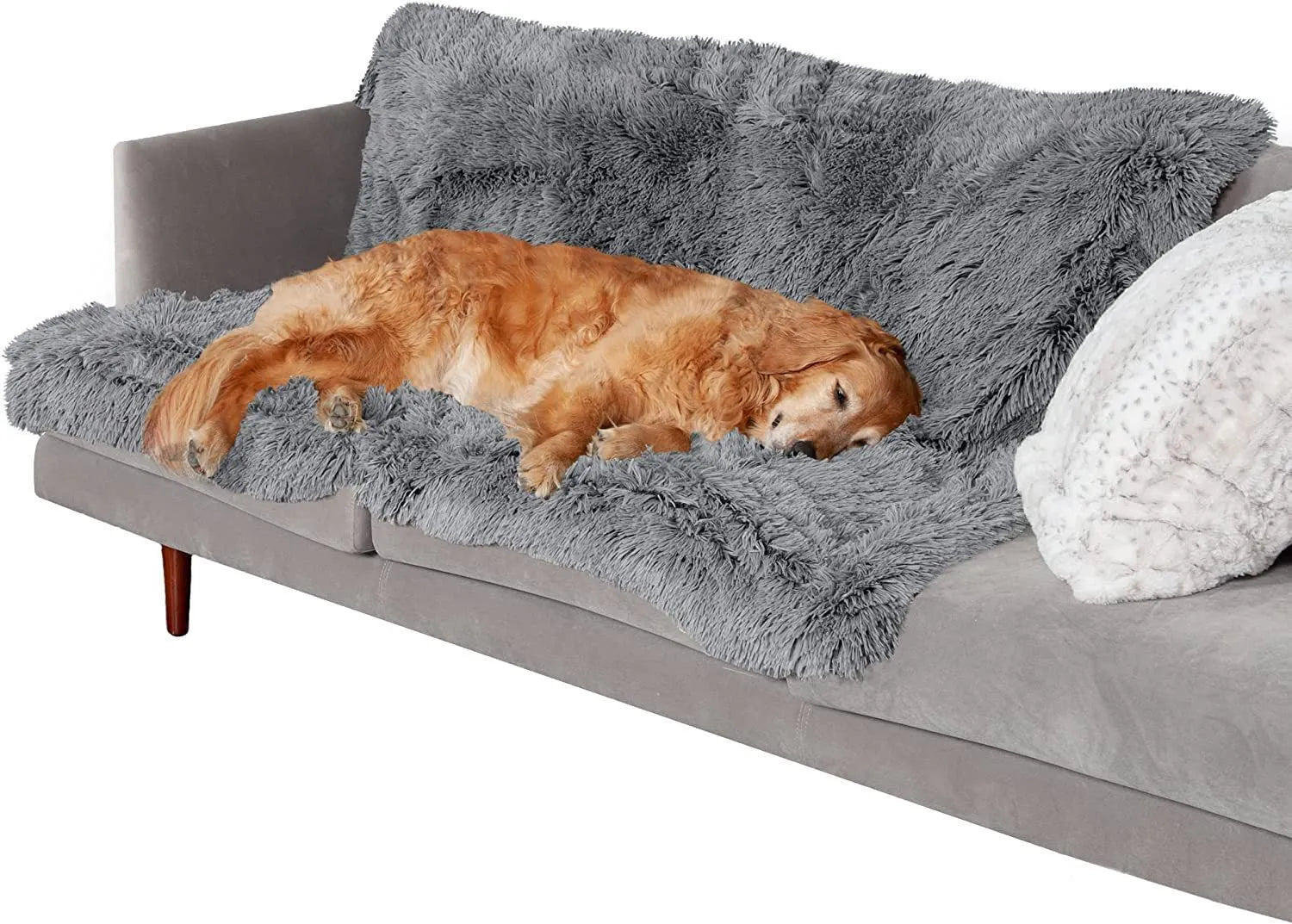 Plush waterproof dog cushion in dark grey, shown in a large size for pet comfort.