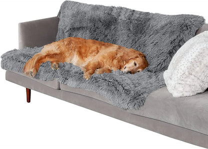 Plush waterproof dog cushion in dark grey, shown in a large size for pet comfort.