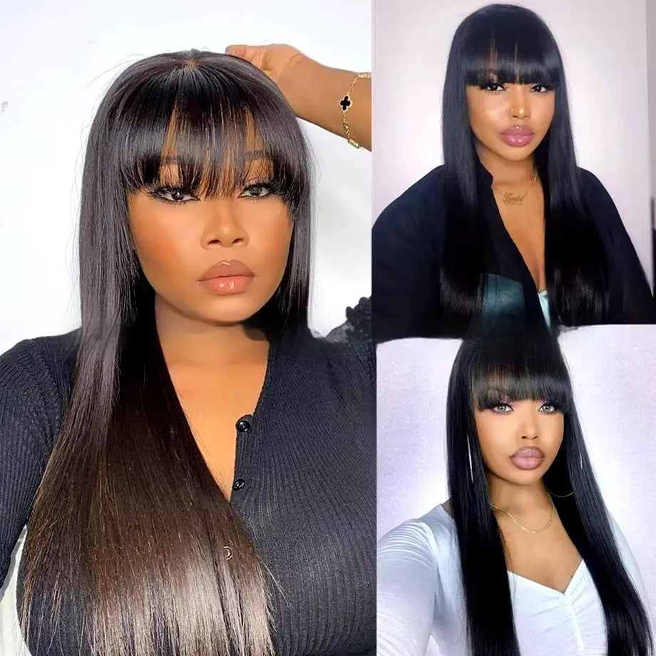 Women's natural colour full lace human hair wig on a stand, showing length options.
