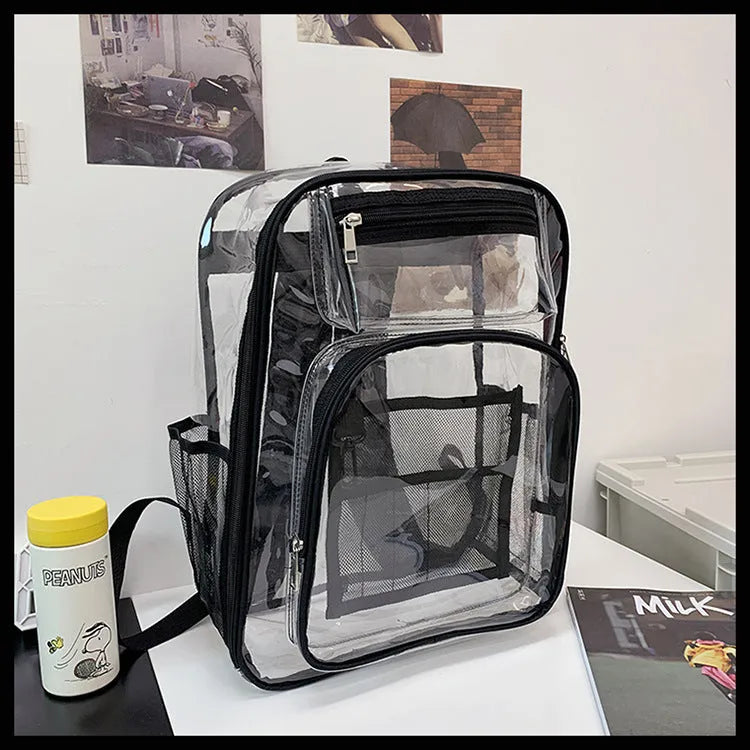 Transparent PVC waterproof backpack with a coloured inner voile bag, shown in various colours.