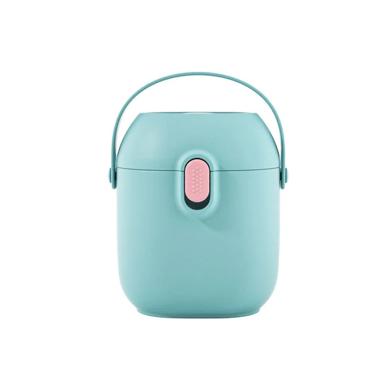 Large portable airtight baby milk powder container with scoop in peacock blue, olive green, and rouge powder