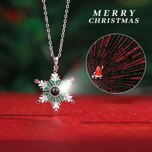 Shimmering copper snowflake necklace with projection design, creating a mesmerizing holiday accessory
