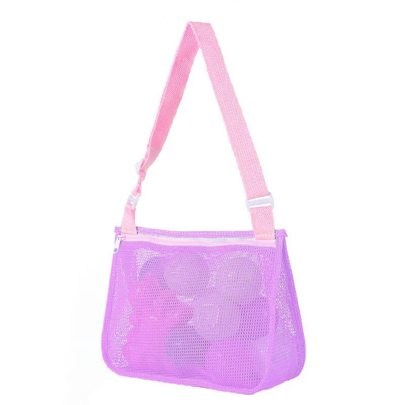 Blue children's drawstring travel storage bag made of nylon mesh for organising toys and clothes.