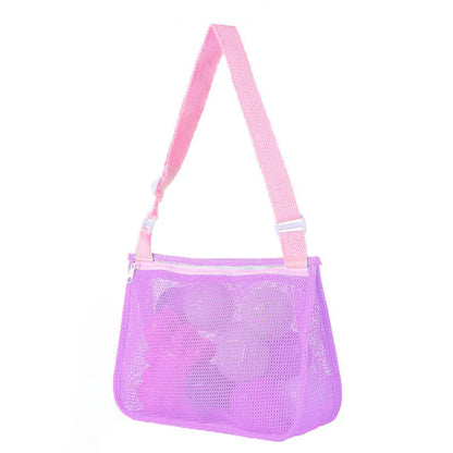 Blue children's drawstring travel storage bag made of nylon mesh for organising toys and clothes.