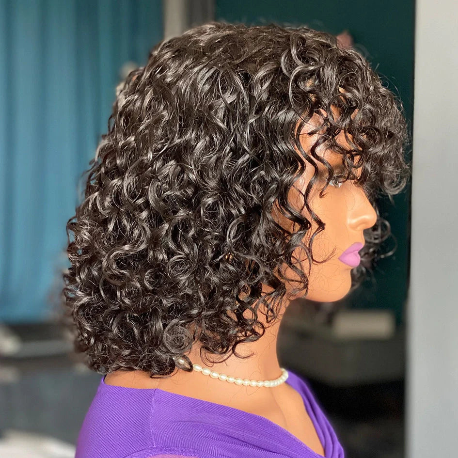 Deep curly fringe human hair wig with bangs, 12-inch length, showing adjustable headgear and even bangs design
