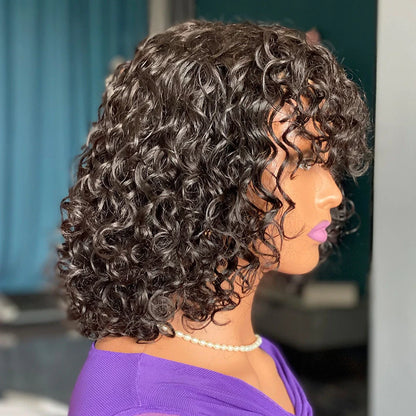 Deep curly fringe human hair wig with bangs, 12-inch length, showing adjustable headgear and even bangs design