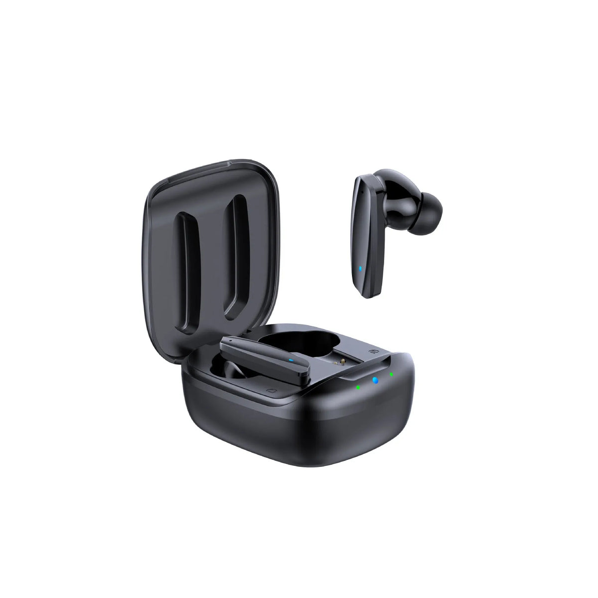 Black and white TWS Bluetooth 5.1 headphones with charging case showing wireless in-ear design