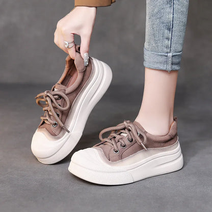 Women's yellow and brown cow leather lace-up casual shoes with round toe