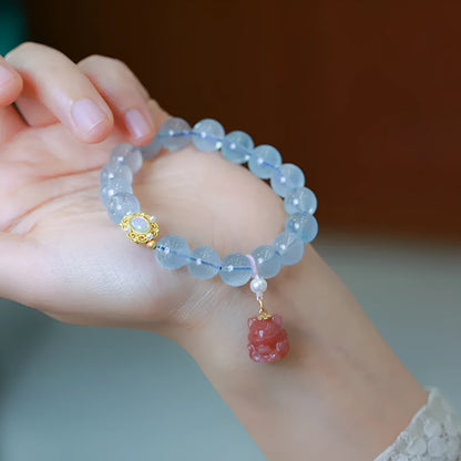 Handmade DIY aquamarine and pink crystal bracelet with Chinese Fox charm for women