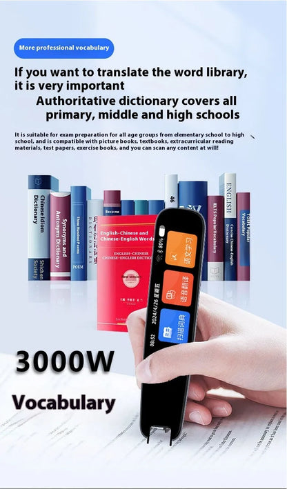 Dark grey offline scan translation pen with a scanning tip on a textbook.