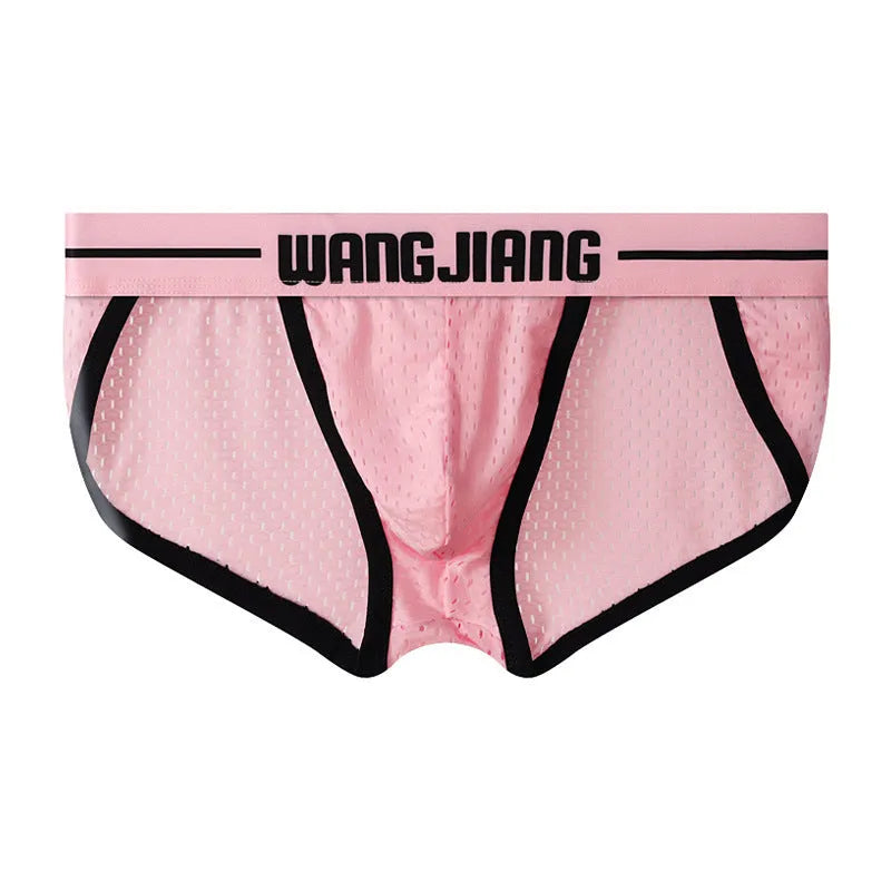 Men's solid colour Ice Silk triangle briefs on a white background, showing the mesh fabric texture.