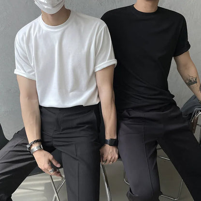 Men's slim-fit cotton half-sleeve T-shirt in black and white colours on a size chart.