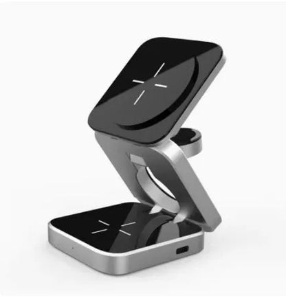 Silver foldable 3-in-1 wireless charging station for iPhone, Apple Watch and AirPods