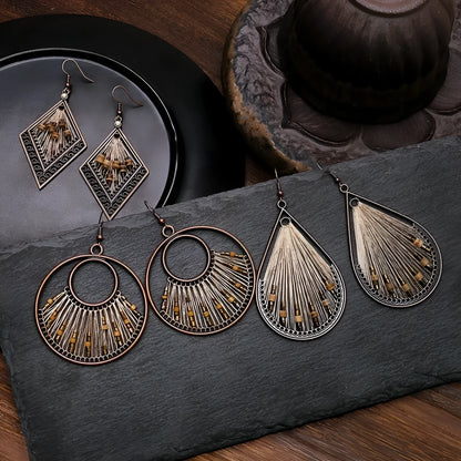 Bohemian geometric alloy earrings with colourful gold thread hand-woven detail, women's quadrilateral design, one pair