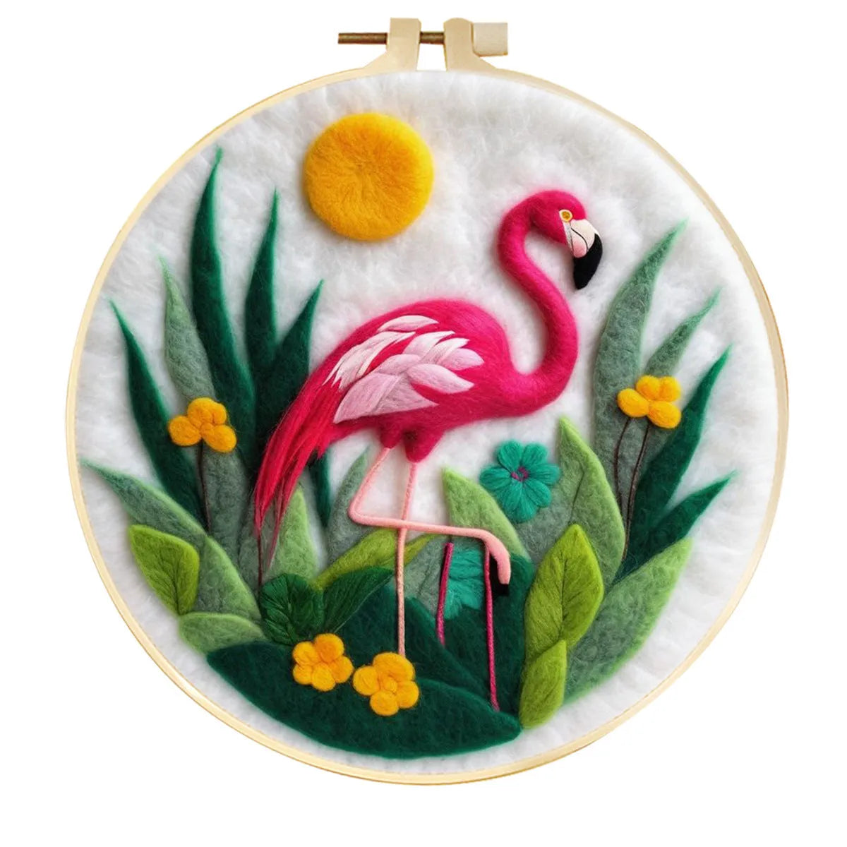 Round three-dimensional embroidery kit with linen fabric, wool felt pieces, and embroidery frame for 20x20 cm blanket painting