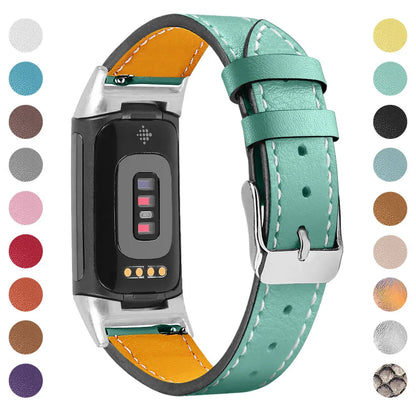 Genuine leather strap for Fitbit charge5/6 smartwatch adjustable 5.5-8.1 inches 16 colours