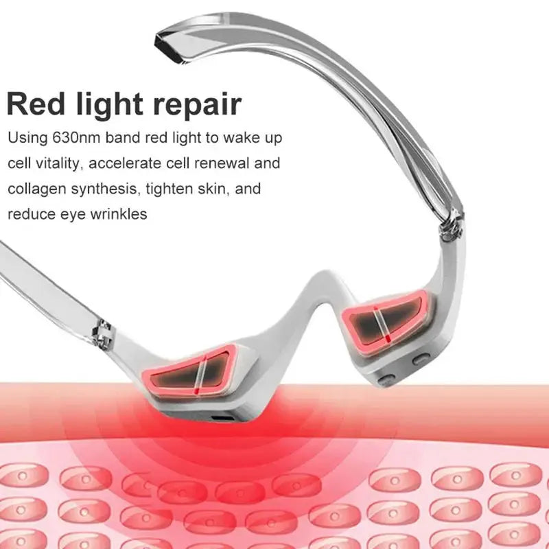 3D Eye Beauty Instrument micro-current massager in pink or white, showing glasses-like design and one-button control for eye relaxation