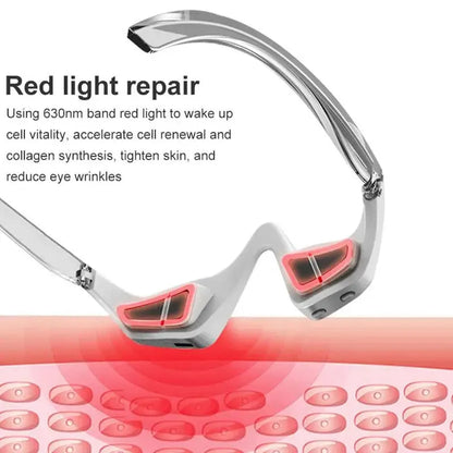 3D Eye Beauty Instrument micro-current massager in pink or white, showing glasses-like design and one-button control for eye relaxation