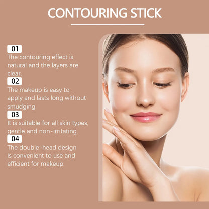 Dual-ended cream contour and highlighter makeup stick showing two shades, Tan Dark Champagne and Light Pink.