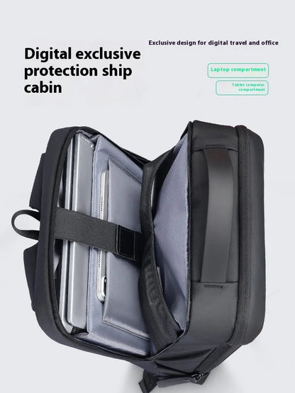 Graphite grey USB business backpack with Oxford cloth exterior showing sewing thread details and charging port