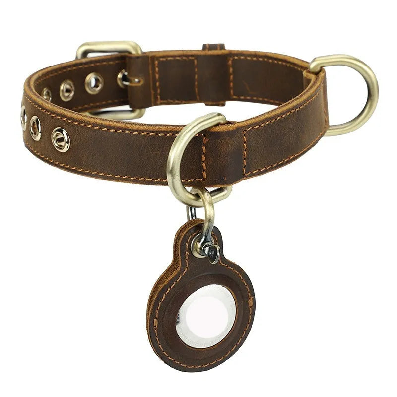 Brown retro-style cowhide dog collar with halter positioning system and lanyard detail