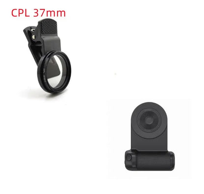 Black magnetic phone camera grip with rotatable bracket and ergonomic PU leather handle on a table.