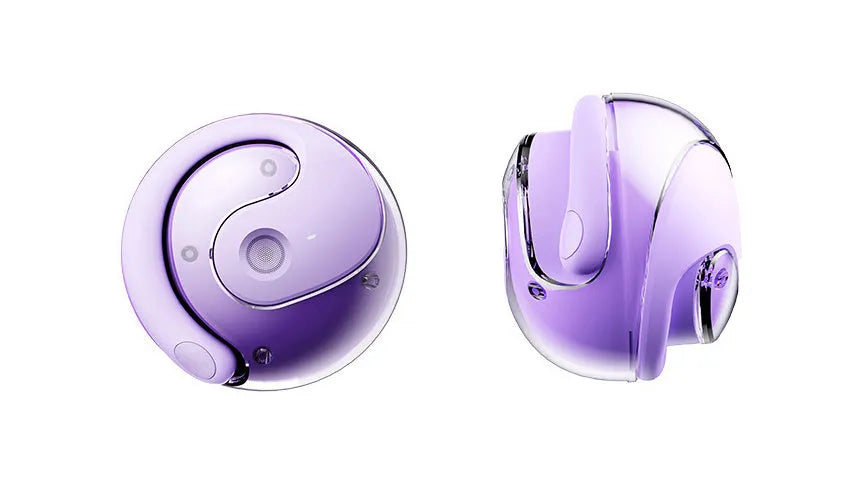 Small Coconut Ball wireless Bluetooth ear-hook headset with bone conduction, shown in Black, Milky White or Violet PC ABS